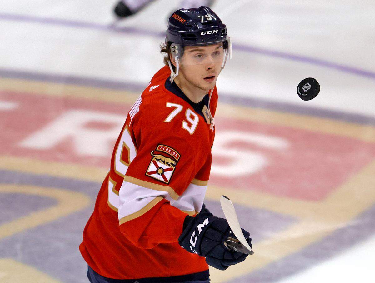 Florida Panthers center Cole Schwindt (79) practice before the start of an NHL game against Los Angeles Kings at the FLA Live Arena on Thursday, December 16, 2021 in Sunrise, Fl.