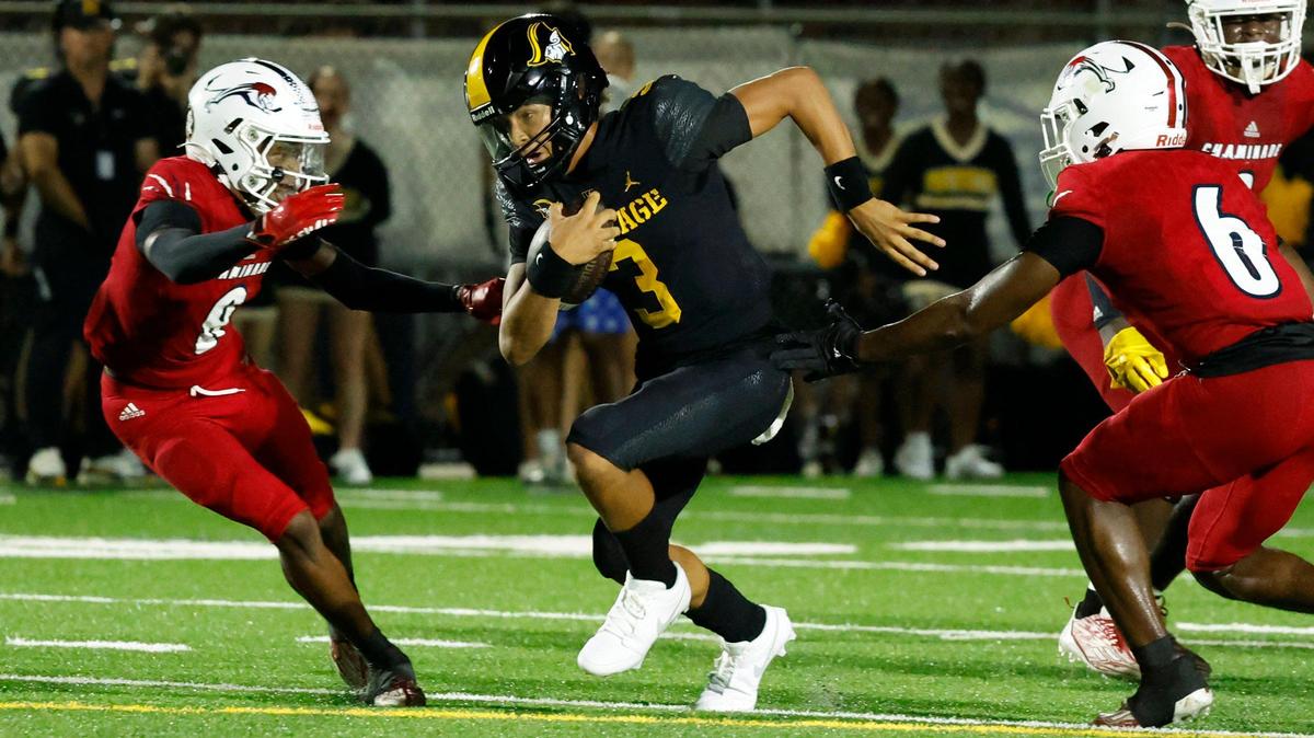 American Heritage quarterback Dia Bell (3) scrambles for yardage as Chaminade-Madonna linebackers Denzel Johnson (6) and Kaleb Stewart (9) give chase in the first quarter at American Heritage School in Plantation, Florida on Friday, September 15, 2023.