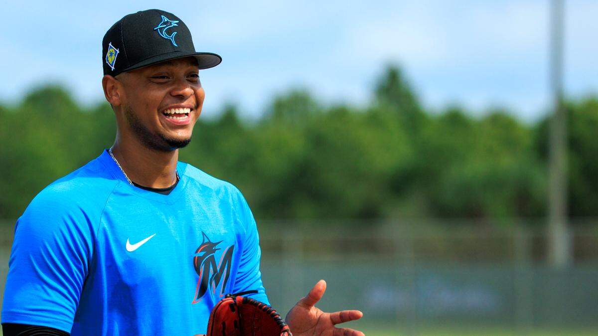 Miami Marlins pitcher Elieser Hernandez laughing during their spring training workout at Roger Dean Stadium on Thursday, March 17, 2022 in Jupiter, FL.