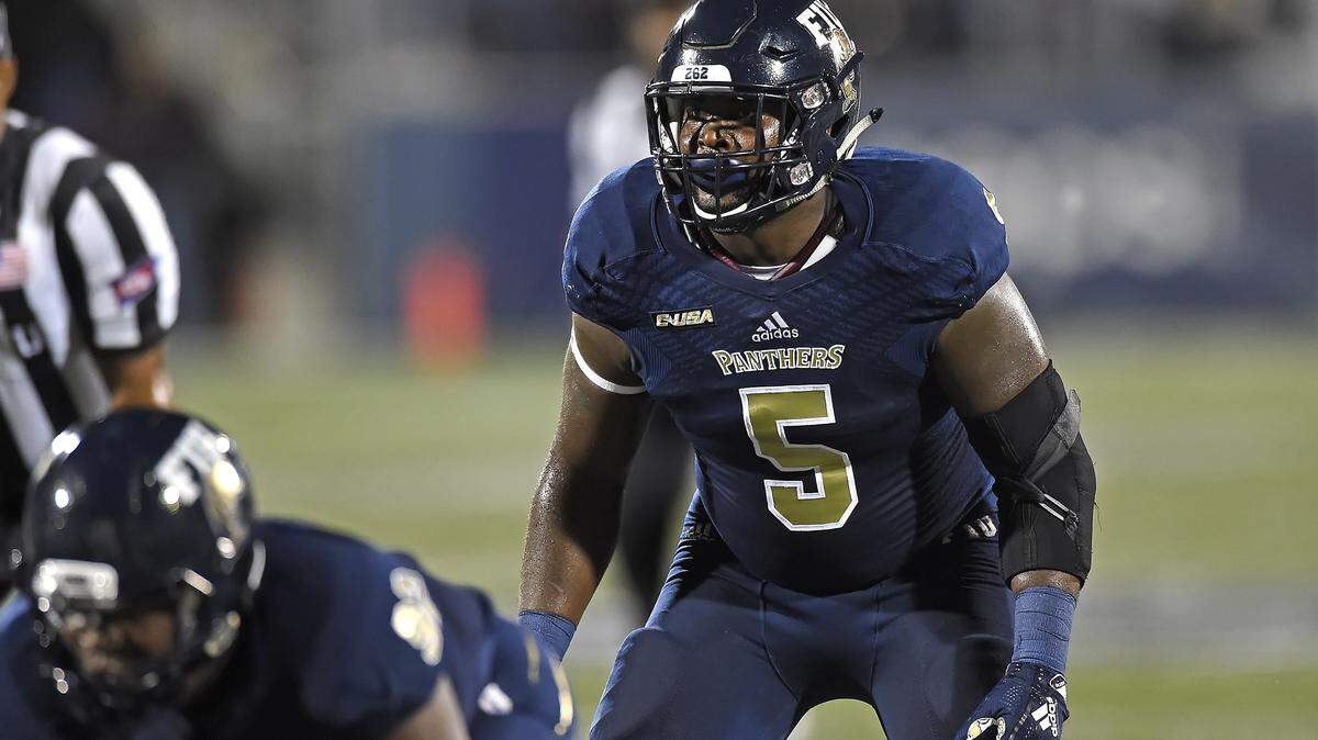 FIU linebacker Edwin Freeman (5) waits for the snap in the first quarter as the FIU Golden Panthers defeated the University of Massachusetts Minutemen 63-24 on Sept. 15, 2018, at Riccardo Silva Stadium in Miami.