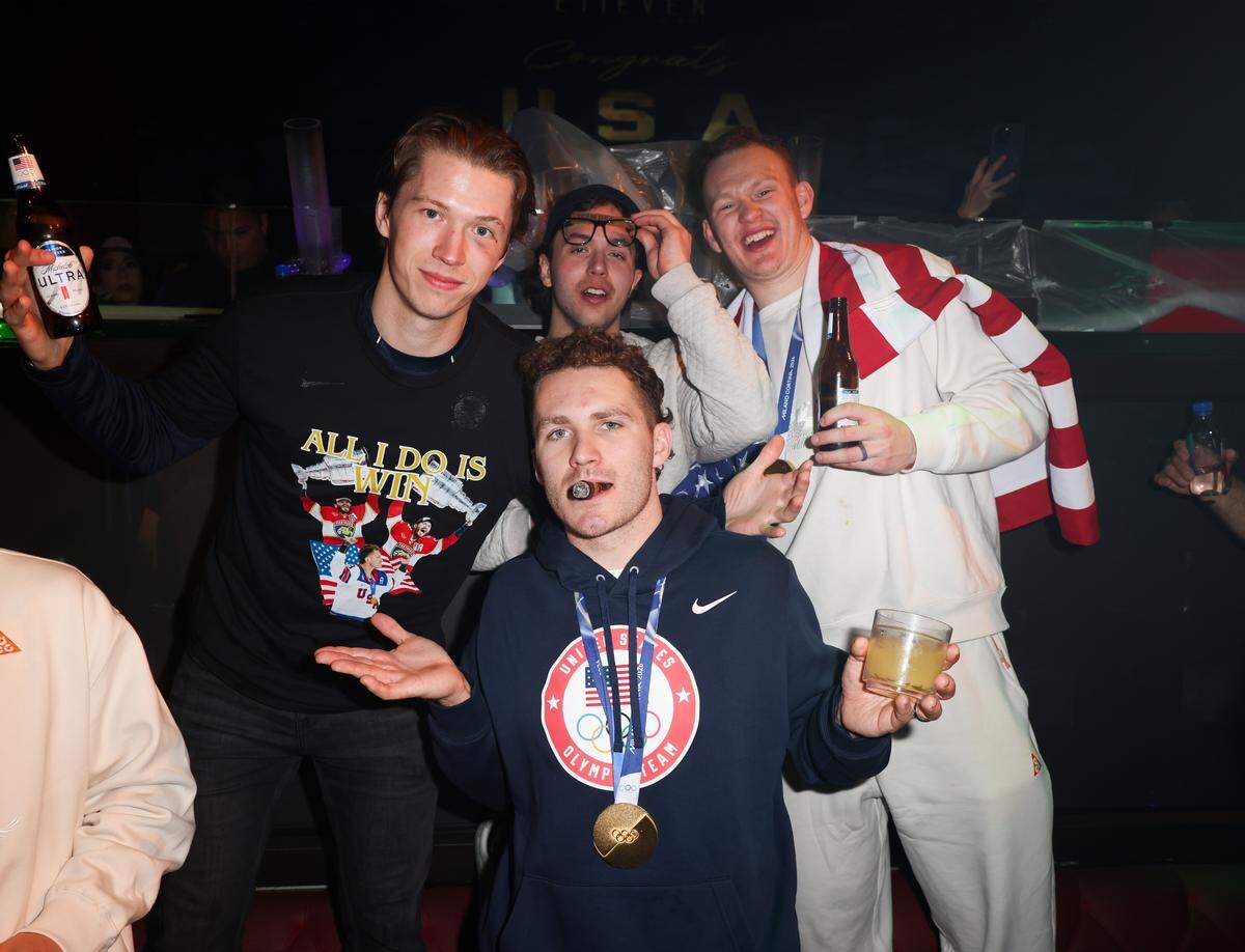 MIAMI, FLORIDA - FEBRUARY 23: Matt Boldy, Brock Faber, Brady Tkachuk and Matthew Tkachuk attend a celebration of the USA Men's Hockey Team's Olympic Gold at E11EVEN Miami on February 23, 2026 in Miami, Florida.  (Photo by Alexander Tamargo/Getty Images for E11EVEN Miami)