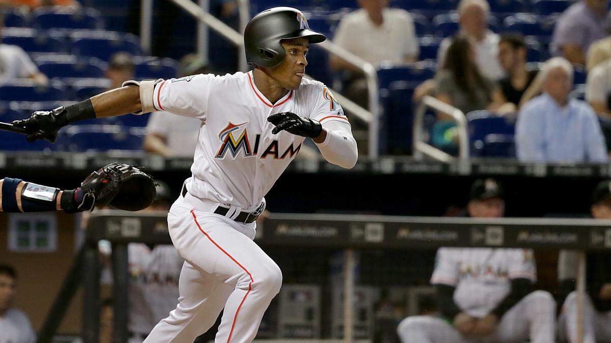Marlins center fielder Magneuris Sierra bats in the fourth inning of the Miami Marlins vs Atlanta Braves game at Marlins Park, Tuesday, July 24, 2018.
