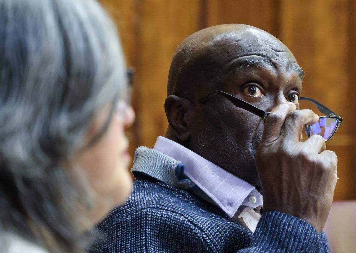 Harrel Braddy, convicted of leaving a 5-year-old girl in the Everglades in 1998, appears in court with his attorneys during jury selection in his death penalty resentencing case on Monday, Jan. 5, 2026, in Miami, Florida. The girl was mauled to death by alligators.