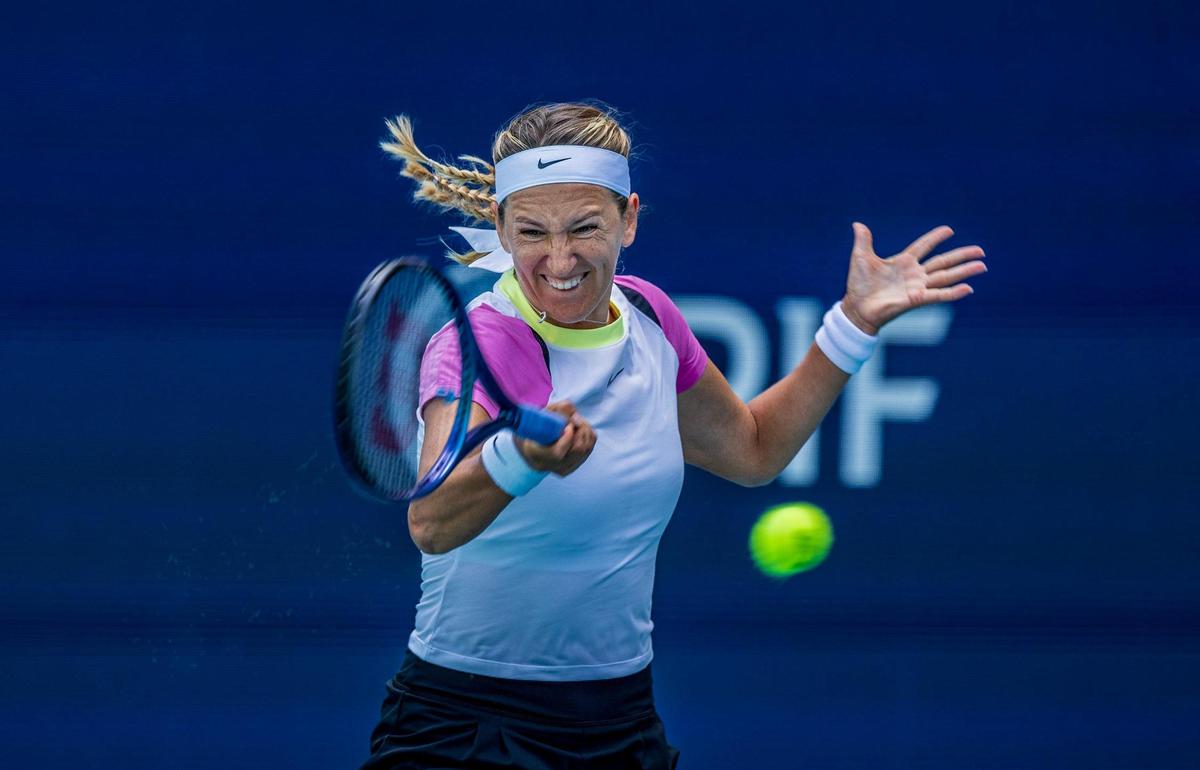 Victoria Azarenka, of Belarus, returns against Yulia Putintseva, of Kazakhstan, during the women’s quarterfinal at the Miami Open tennis tournament, on Tuesday, March 26, 2024.