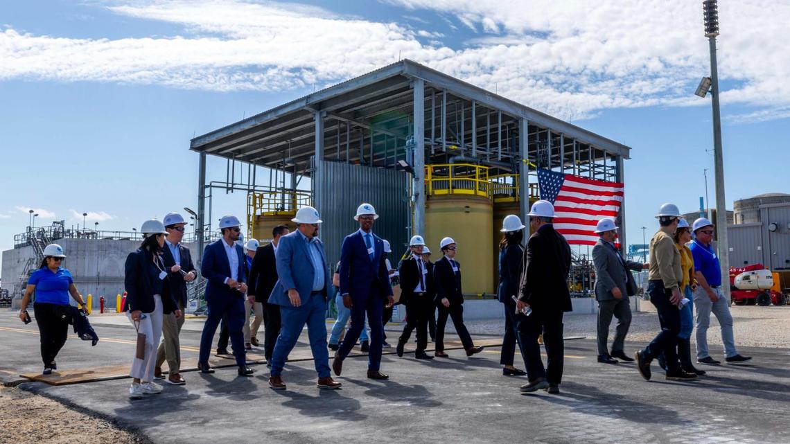 Politicians and dignitaries walk past a water cleaning system using chemical injection during the unveiling of the FPL Miami-Dade Clean Water Recovery Center (CWRC) at FPL Turkey Point Nuclear Generating Station on Wednesday, January 15, 2025, in Homestead, Fla. The CWRC is one of the largest reuse projects in Florida which will further treat and reuse up to 15 million gallons per day of reclaimed water from the county. FPL will use 100% of that reclaimed water to cool the natural gas plant at FPL’s Turkey Point Clean Energy Center (Unit 5).