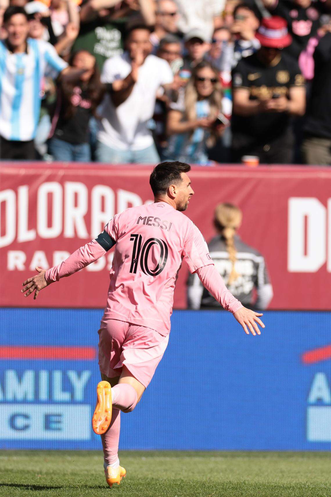 DENVER, COLORADO - APRIL 18: Lionel Messi #10 of Inter Miami CF celebrates scoring his team's third goal during the MLS match between Colorado Rapids and Inter Miami CF at Empower Field At Mile High on April 18, 2026 in Denver, Colorado. (Photo by Andrew Wevers/Getty Images)