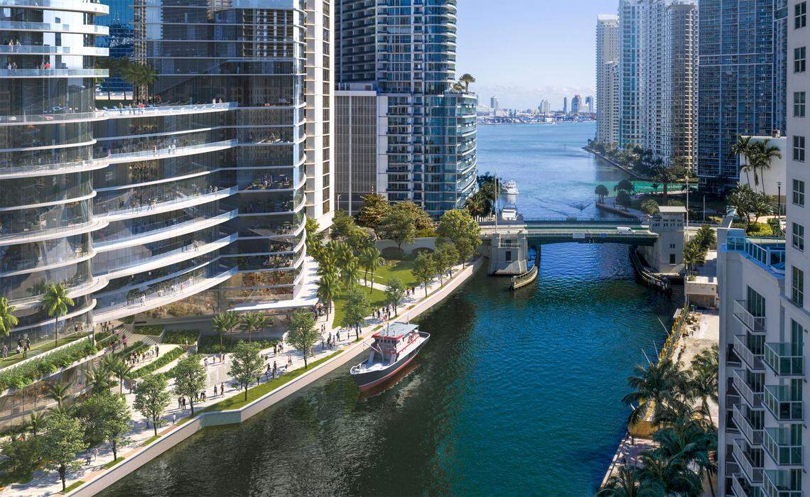 This rendering shows the view looking east along the Miami River, with the design for a redeveloped Hyatt/Knight center complex on the left.