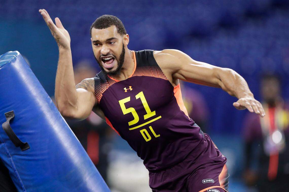 Mississippi State defensive lineman Montez Sweat runs a drill at the NFL football scouting combine in Indianapolis, Sunday, March 3, 2019.