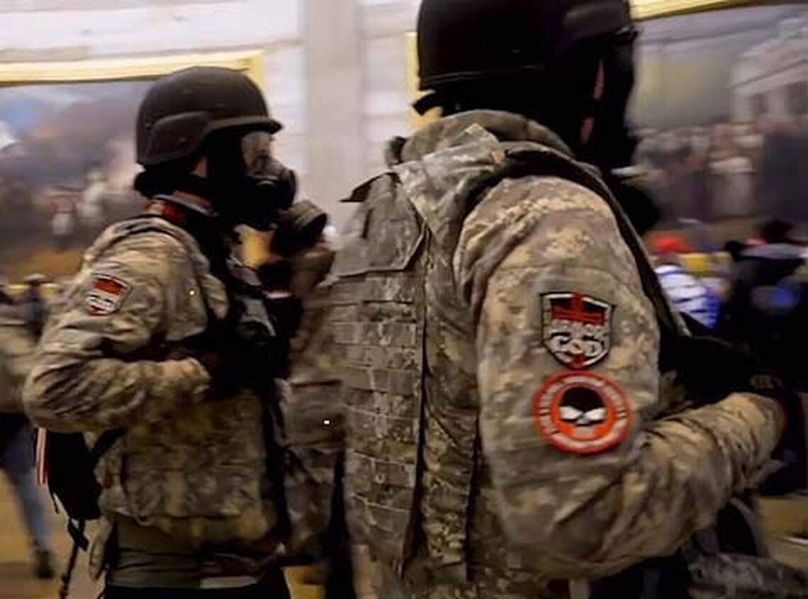 Patches stating “full armor of God” were seen on the sleeves of some people who were part of the incursion into the U.S. Capitol on Jan. 6, 2021, in Washington, D.C.