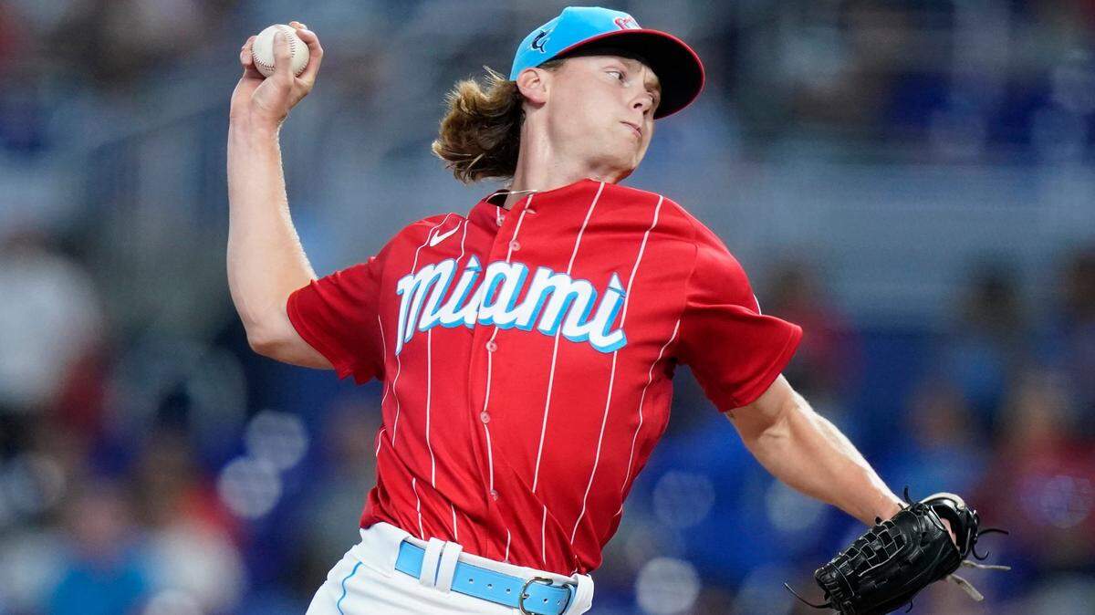 Miami Marlins starting pitcher Max Meyer throws during the first inning of a baseball game against the Philadelphia Phillies, Saturday, July 16, 2022, in Miami. (AP Photo/Lynne Sladky)