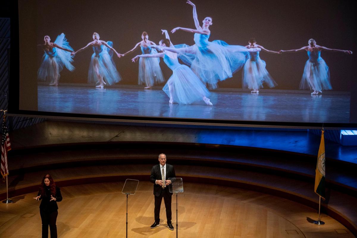Miami Beach Mayor Dan Gelber, center, speaks during his State of the City speech at the New World Center in Miami Beach on March 7, 2022.