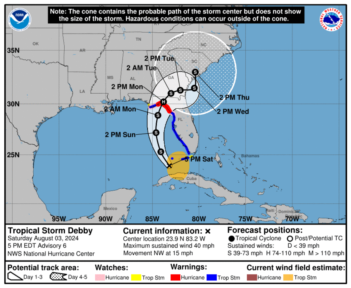 Tropical Storm Debby formed Saturday evening, and it is expected to be a hurricane by the time it makes landfall in Florida’s Big Bend on Monday.