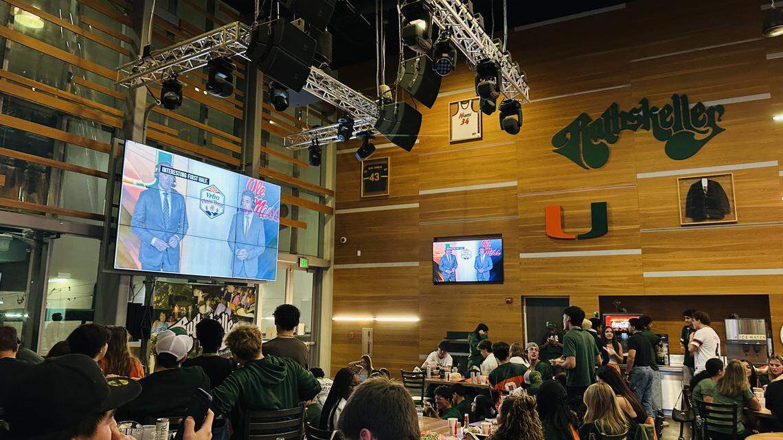 University of Miami students, some of their parents and faculty, attend a watch party at UM’s Rathskeller to cheer the Hurricanes toward their victory over Ole Miss at Thursday’s College Football Playoff semifinal at Arizona’s Fiesta Bowl on Jan. 8, 2026.