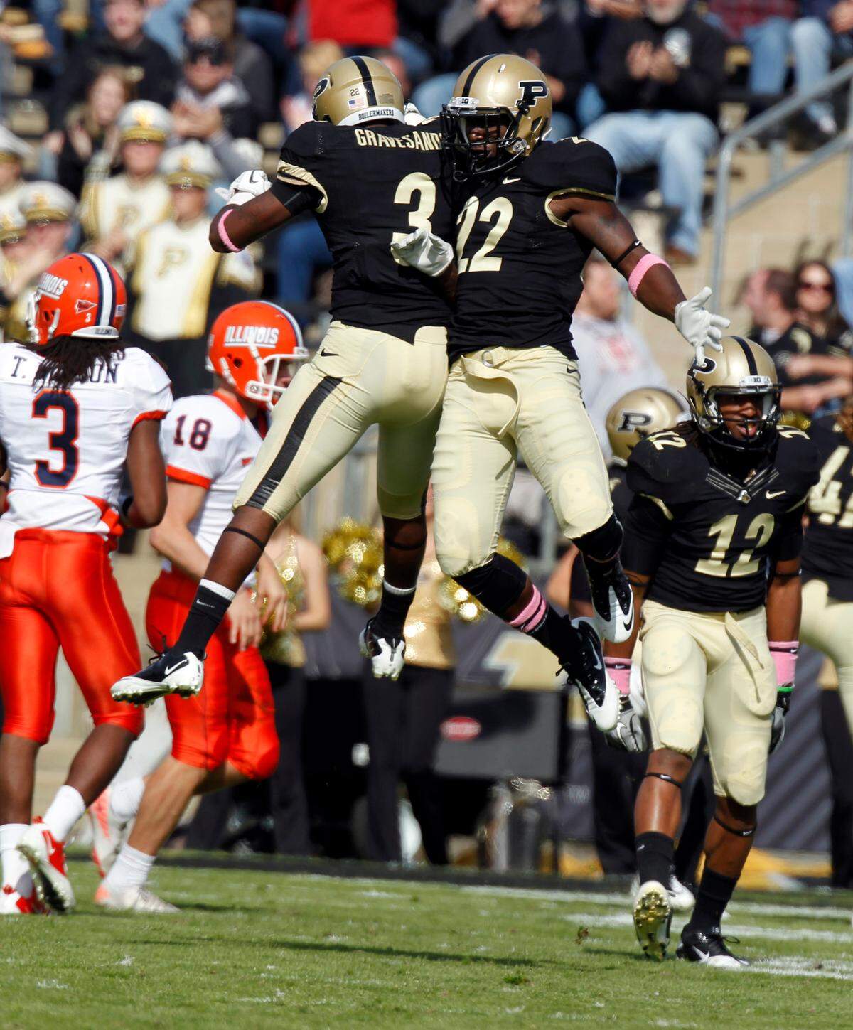 Purdue’s Waynelle Gravesande (3) and Ishmael Aristide celebrate after tackling Illinois for a loss on a punt during the first half of an NCAA college football game in West Lafayette, Ind., Saturday, Oct. 22, 2011. (AP Photo/Michael Conroy)