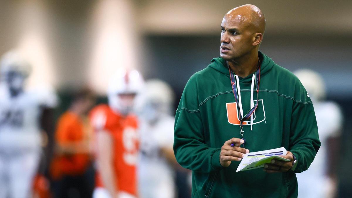 University of Miami defensive line coach Jason Taylor works with players during spring practice at the Carol Soffer Indoor Practice Facility at the University of Miami in Coral Gables, Florida, Thursday, March 21, 2024.
