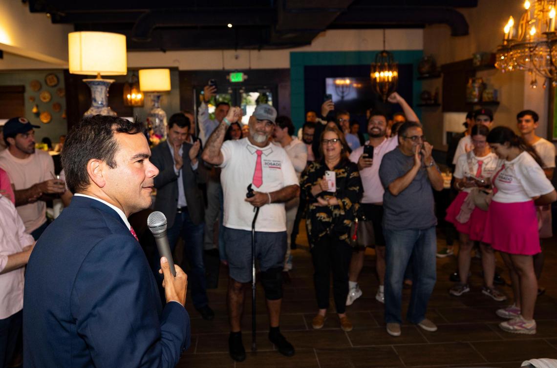 Ralph Rosado gives a victory speech during his watch party on Tuesday, June 3, 2025, at El Atlacatl restaurant in Miami.