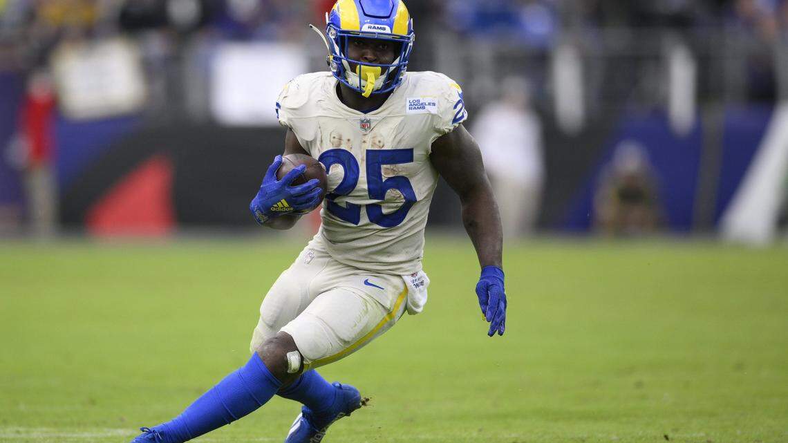Los Angeles Rams running back Sony Michel (25) in action during the first half of an NFL football game against the Baltimore Ravens, Sunday, Jan. 2, 2022, in Baltimore. (AP Photo/Nick Wass)