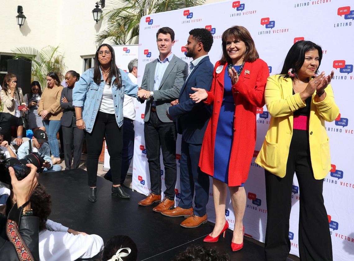 From left to right: Janelle Perez, A.J. D’Amico, Maxwell Frost, state Sen. Annette Taddeo, and Karla Hernandez-Mats, all Democratic candidates, say goodbye to everyone after a Latino Victory Fund’s Get Out The Vote Rally on Thursday, Oct. 20, 2022, at Books & Books in Coral Gables.