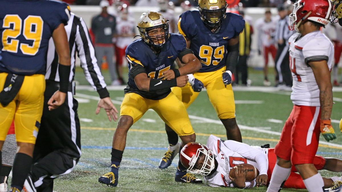 St. Thomas Aquinas Derek Wingo (15) reacts after taking down the Eagles quarterback Canaan Mobley (10) at the line of scrimmage in the first quarter as St. Thomas Aquinas Raiders play Edgewater Eagles for the Class 7A FHSAA State Championship at Daytona Stadium in Daytona Beach on Saturday, December 14, 2019.