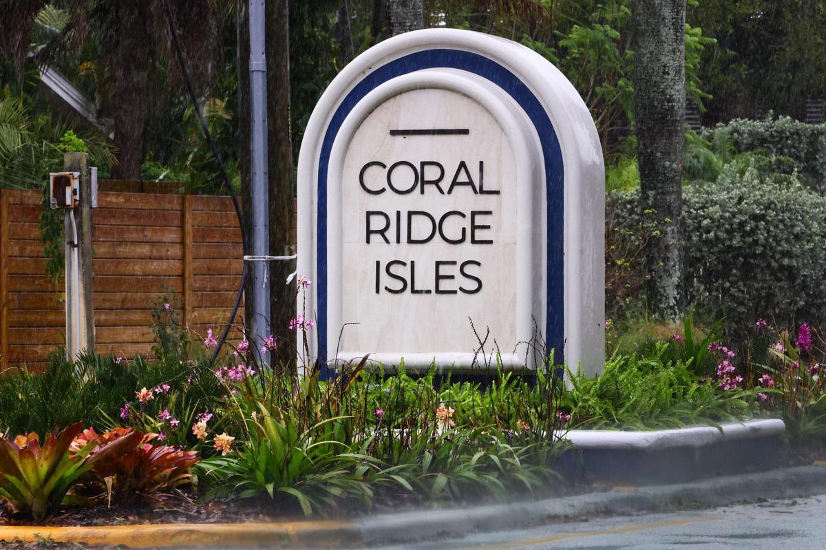 A detailed view of the neighborhood entrance sign at Coral Ridge Isles in Fort Lauderdale, Florida, on Friday, March 22, 2024.