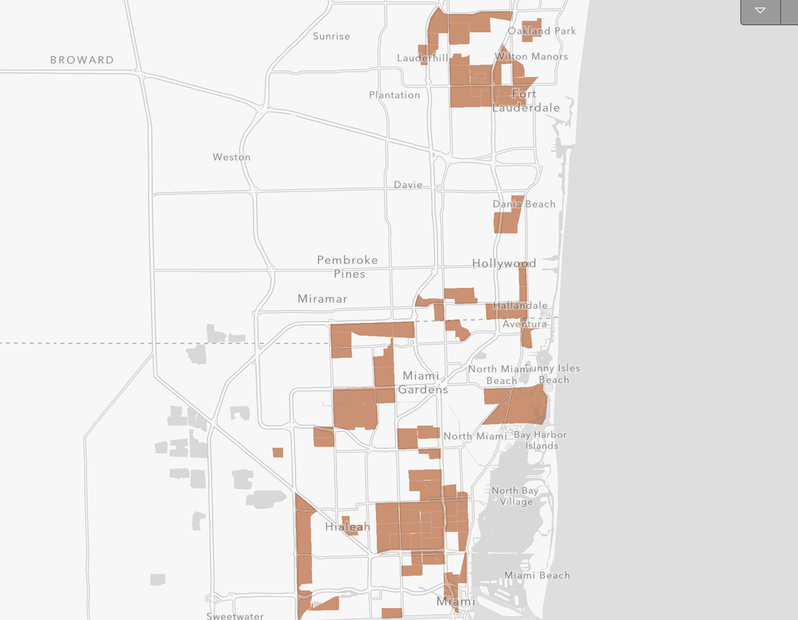 Opportunity zones, in orange, in South Florida.