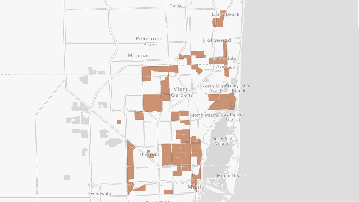 Opportunity zones, in orange, in South Florida.