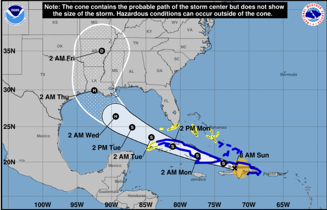 The forecast shows Tropical Storm Laura strengthening into a Category 1 hurricane by early Wednesday as it nears Louisiana.