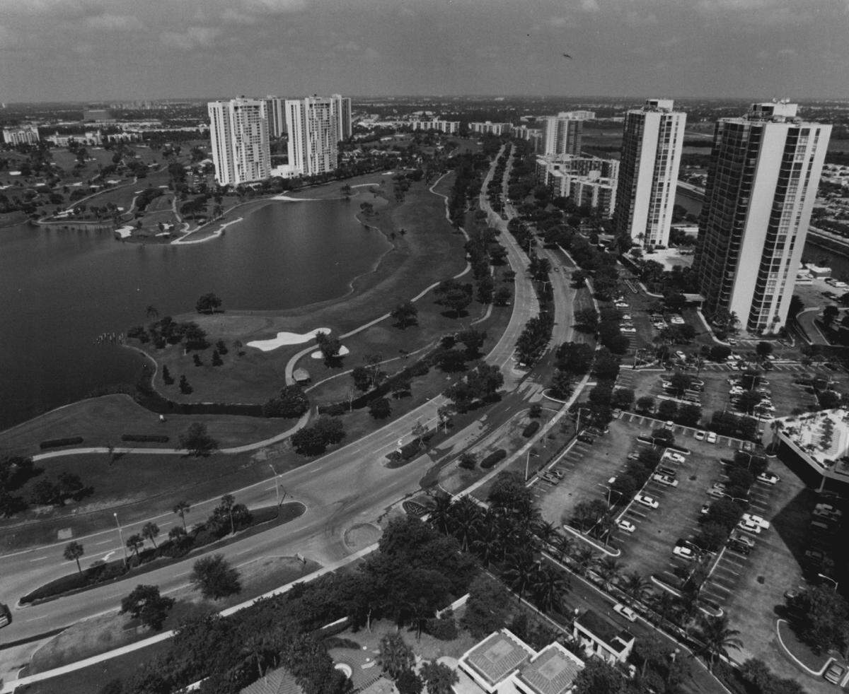 Aventura from a rooftop, looking down on Country Club Drive in 1994.