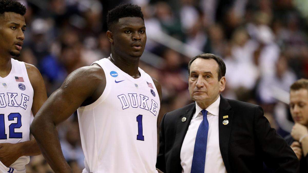 Zion Williamson #1 and coach Mike Krzyzewski of the Duke Blue Devils are seen while they take on the Virginia Tech Hokies on March 29, 2019 in Washington, DC.
