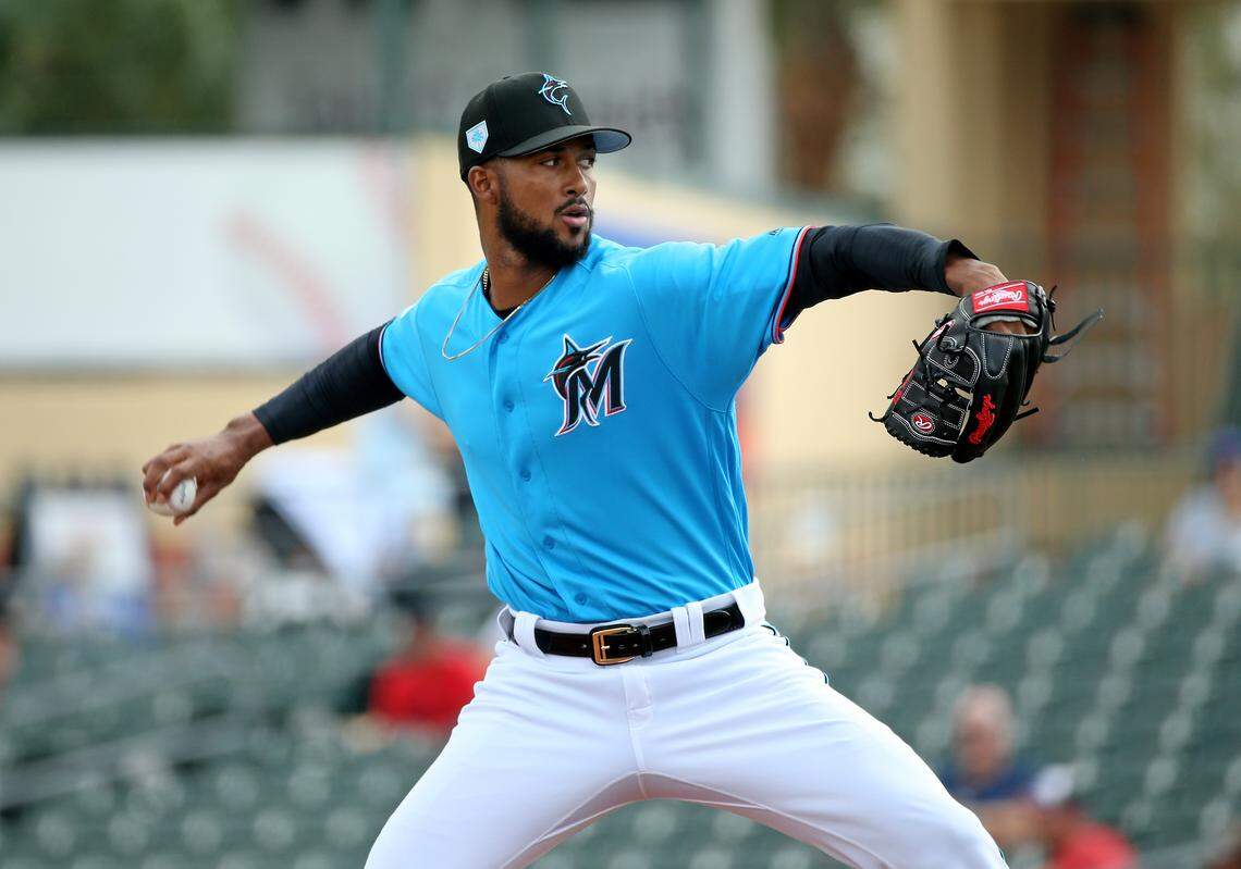Miami Marlins pitcher Sandy Alcantara (22) pitches during the third inning of a Major League Baseball spring training game against the New York Mets at the Roger Dean Chevrolet Stadium on Tuesday, March 5, 2019 in Jupiter, FL.