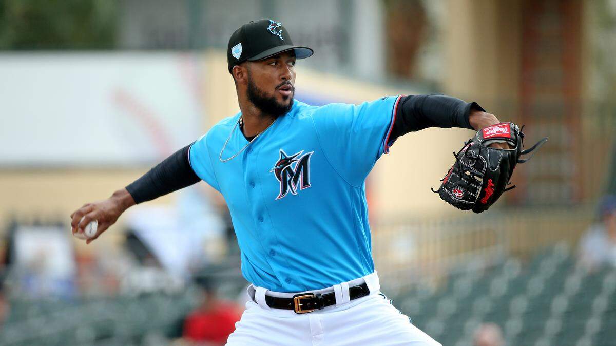 Miami Marlins pitcher Sandy Alcantara (22) pitches during the third inning of a Major League Baseball spring training game against the New York Mets at the Roger Dean Chevrolet Stadium on Tuesday, March 5, 2019 in Jupiter, FL.