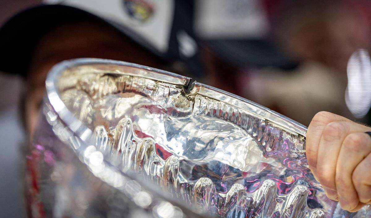 Visible damage on the bowl of the Stanley Cup during the celebration immediately following game 6 after the Panthers defeated the Edmonton Oilers to win the storied trophy for the second time in 2 years.