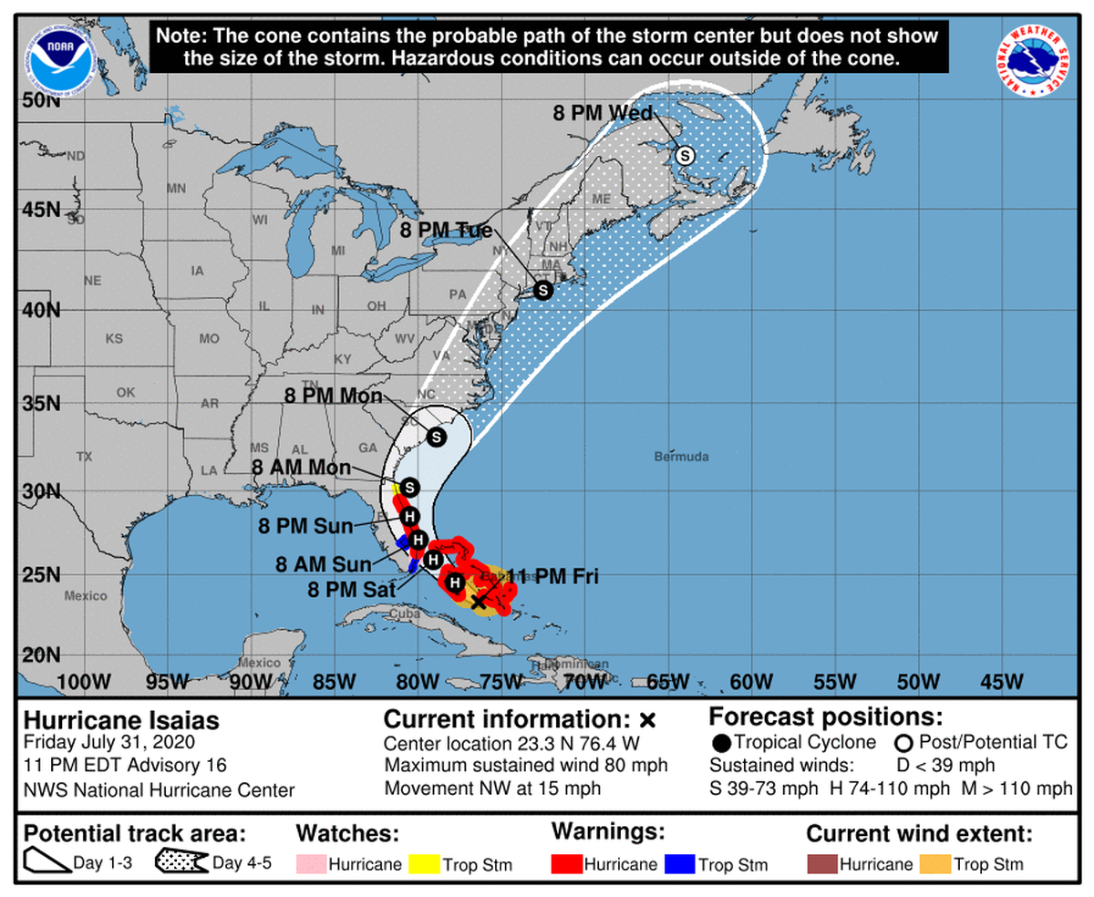 Hurricane Isaias’ predicted track shifted west, toward Florida’s coast, earlier in the evening.