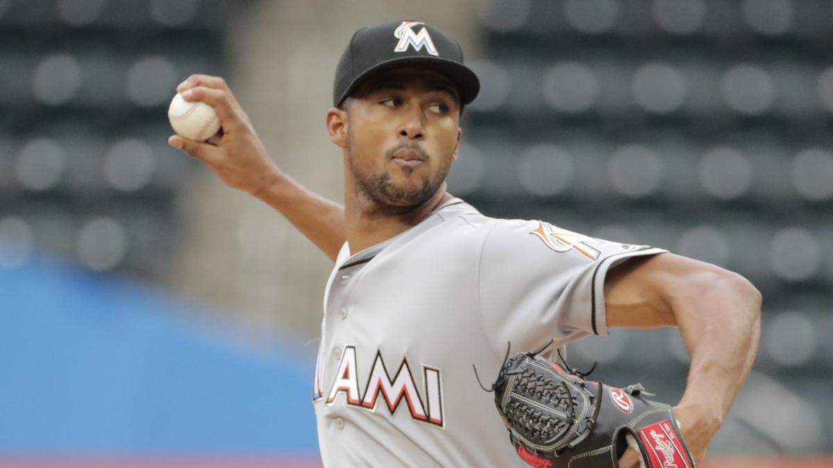 Miami Marlins’ Sandy Alcantara delivers a pitch during the first inning in the first baseball game of a doubleheader against the New York Mets, Thursday, Sept. 13, 2018, in New York.