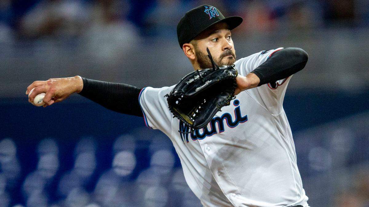 Miami Marlins pitcher Pablo Lopez (49) throws the ball during the third inning of an MLB game against the Chicago Cubs at loanDepot park in the Little Havana neighborhood of Miami, Florida, on Tuesday, September 20, 2022.