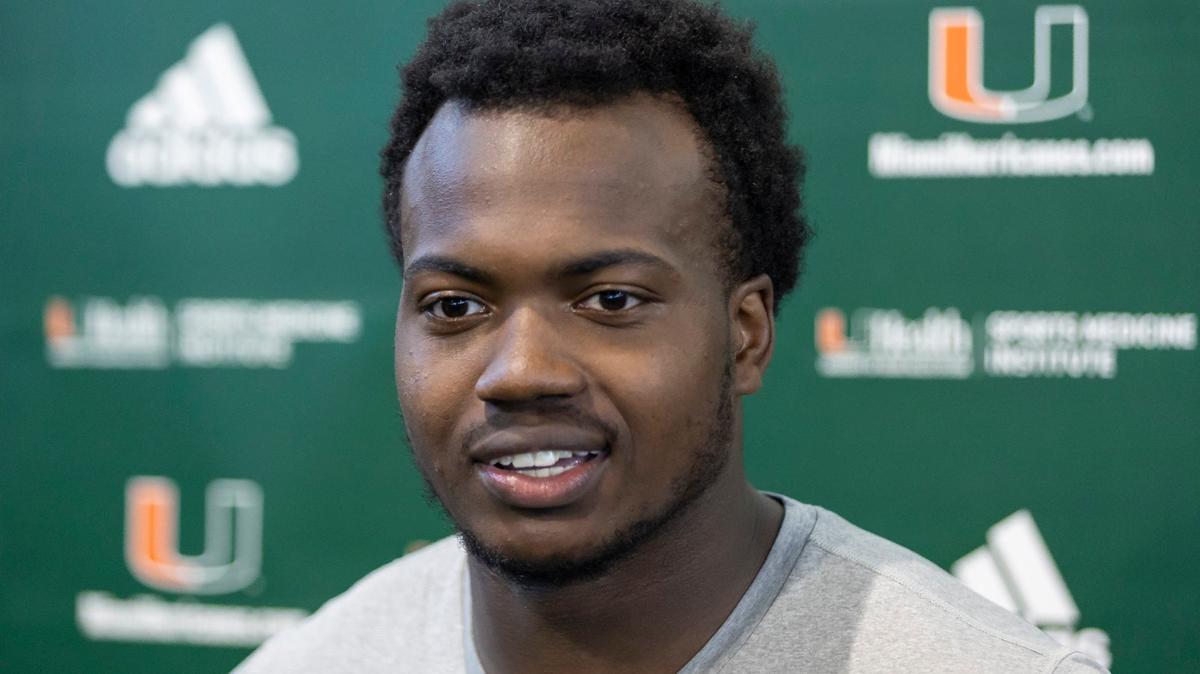 Miami Hurricanes defensive lineman Rueben Bain, Jr. (4) speaks to members of the press after attending team practice inside the Carol Soffer Indoor Practice Facility at the University of Miami on Monday, March 4, 2023 in Coral Gables, Fla.
