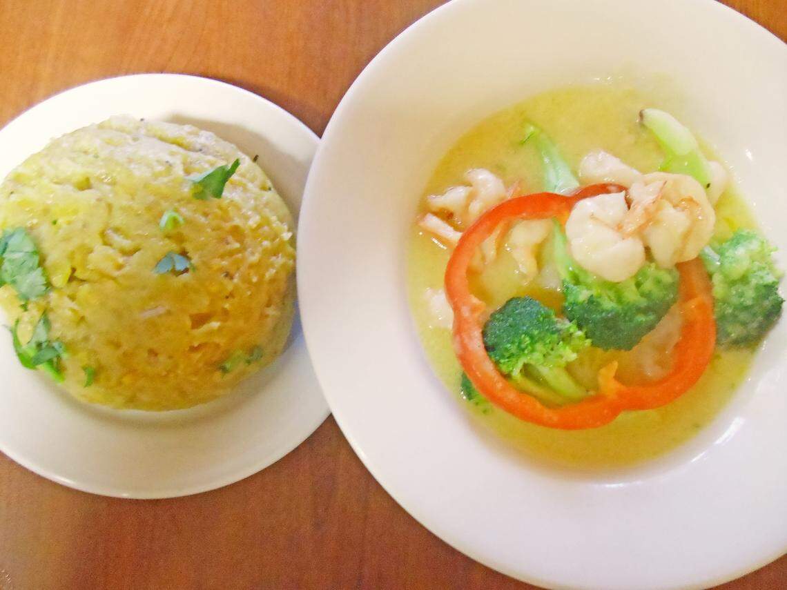 Mangú with asopado de camarones at Mangú Dominican restaurant.
