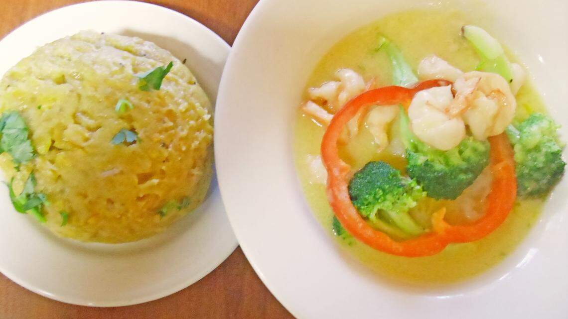 Mangú with asopado de camarones at Mangú Dominican restaurant.