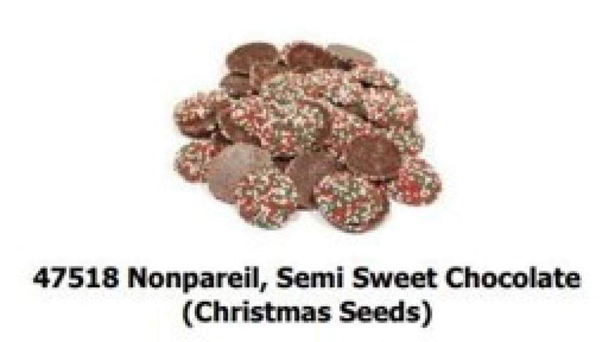 Weaver Semi Sweet Chocolates Nonpareils with Christmas Seeds.