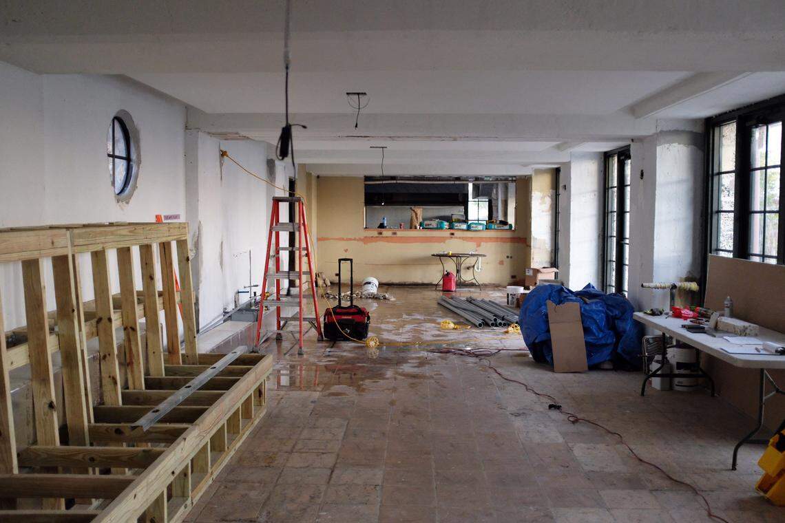 The inside of Red Fish will seat only about 40, with a 10-seat oyster bar on the left and the open kitchen at the back.