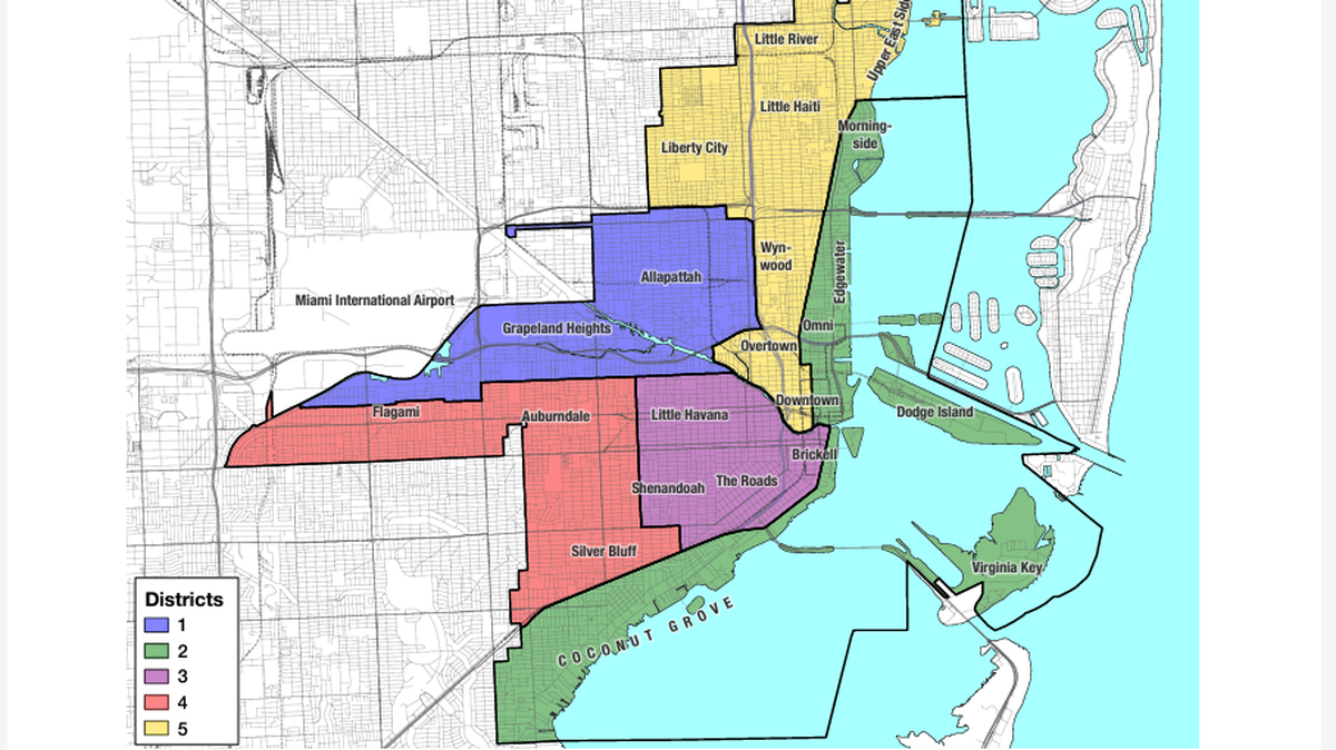 A proposed new voting map for the city of Miami. A federal judge last month threw out the city’s previous voting map after ruling that commissioners in 2022 approved unconstitutional, racially gerrymandered district boundaries that sorted city residents by race and ethnicity.