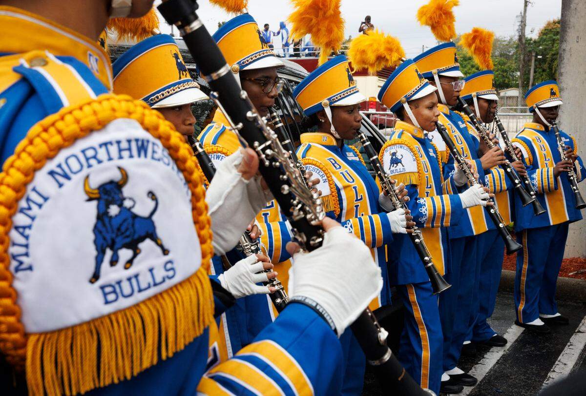 Miami Northwestern Bulls band practice before the Dr. Martin Luther King Jr. Day parade on Monday, Jan. 20, 2025, in Liberty City in Miami, Fla.