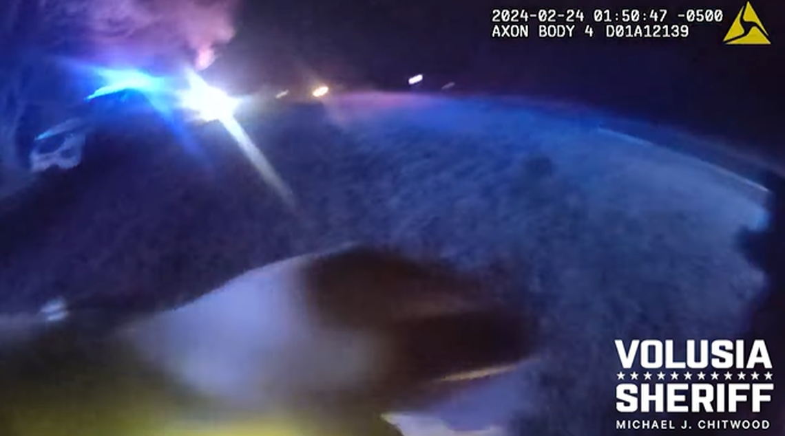 A Florida sheriff’s deputy fell to the ground as he was “clipped” by a passing van while aiding a crash on the highway, a sheriff’s office video showed.