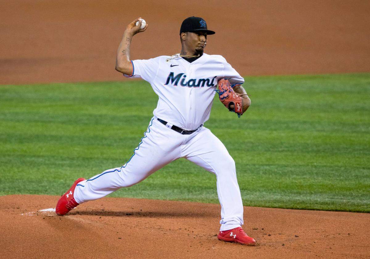 Miami Marlins right-handed pitcher Sixto Sanchez (73) throws a pitch during the first inning of the first game of a double header against the Philadelphia Phillies at Marlins Park in Miami, Florida on Sunday, September 13, 2020.