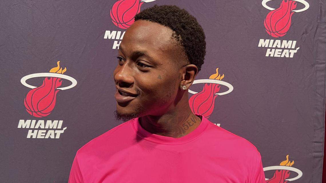 Heat guard Terry Rozier speaks to reporters on Tuesday, July 9, 2024 at Jr. Heat Basketball Camp at Cooper City High School.
