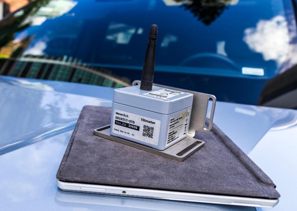 View of a motion sensor similar to the ones installed at the Bay House Miami Residences in Edgewater, by the SmartCore Systems, a company that provides structural health monitoring (SHM) services to buildings including condominiums, in Miami, on Tuesday February 11, 2025.