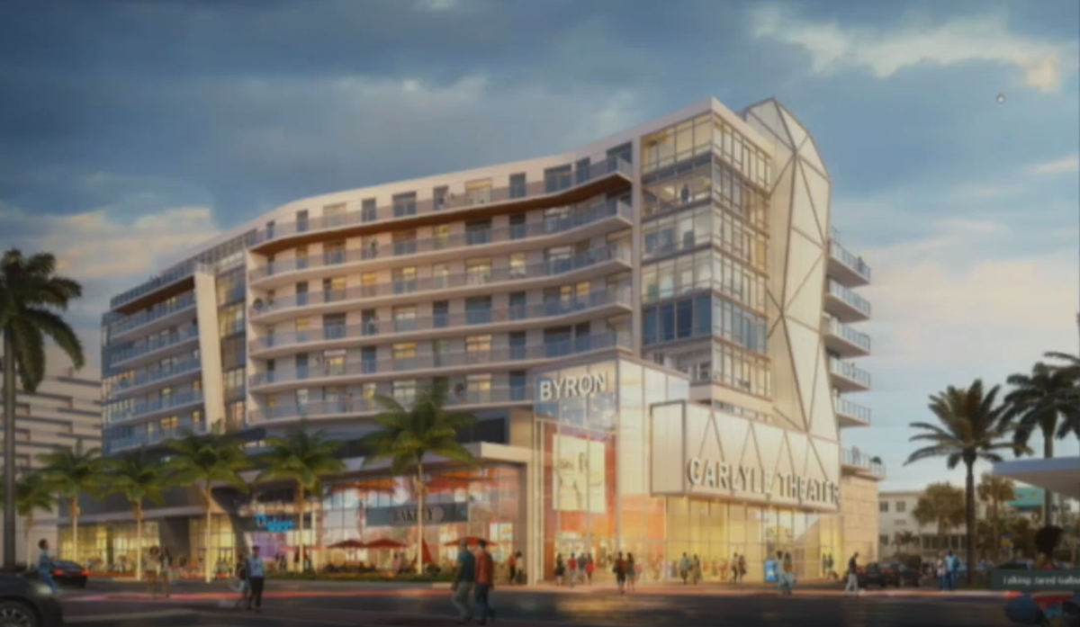 Rendering shows proposed redevelopment of Byron Carlyle Theater in Miami Beach. The city-owned theater would be demolished and replaced by rent-controlled housing, along with a cultural center.