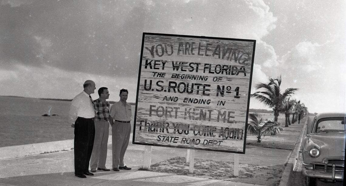 The sign on North Roosevelt leaving Key West on US 1 and ending in Fort Kent, Maine in 1953.