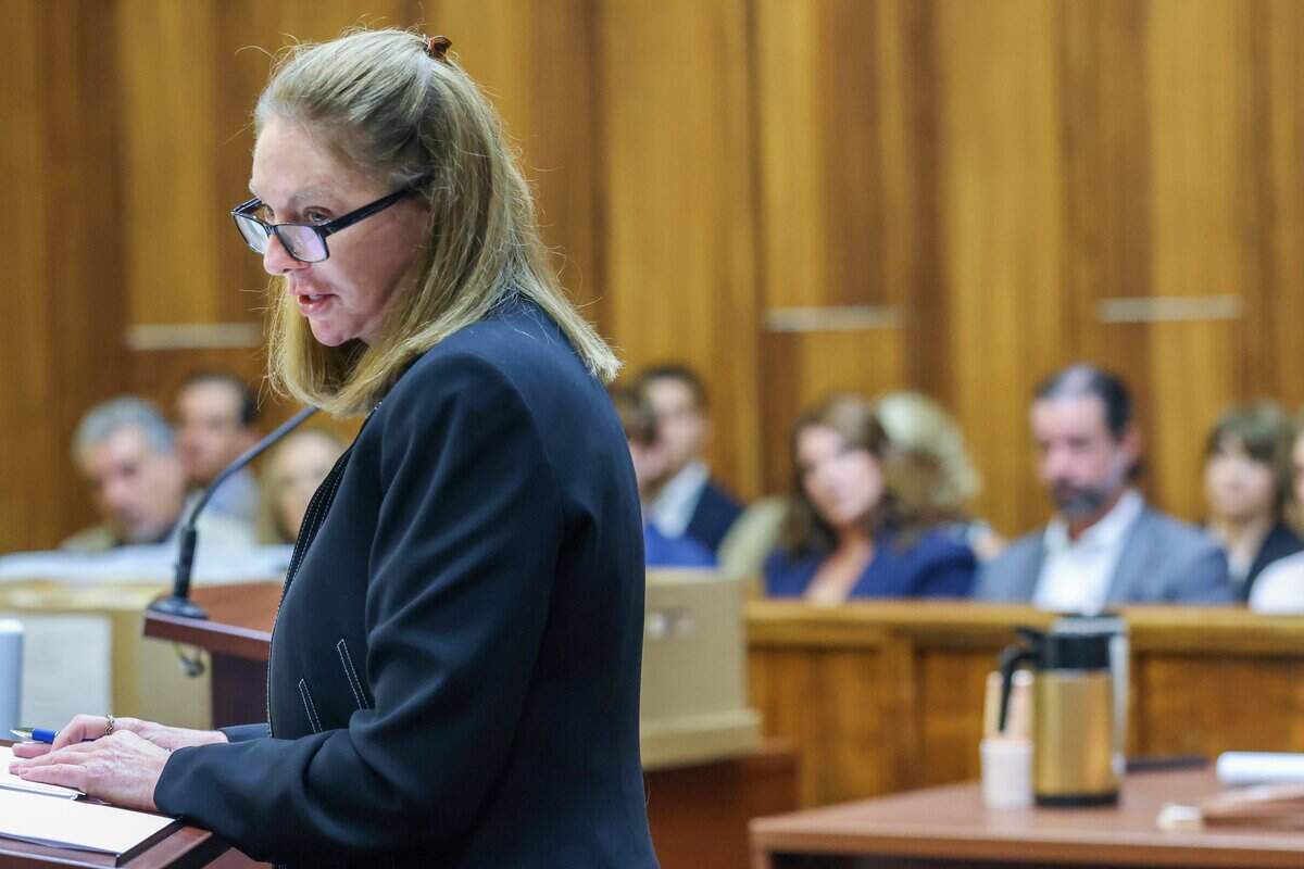 Prosecutor Laura Adams looks towards the jury while Lt. Paul Alber testifies in the trial of George Pino, who is charged in connection to the crash that killed 17-year-old Lucy Fernandez. Pino's trial began on Monday, June 8, 2026.