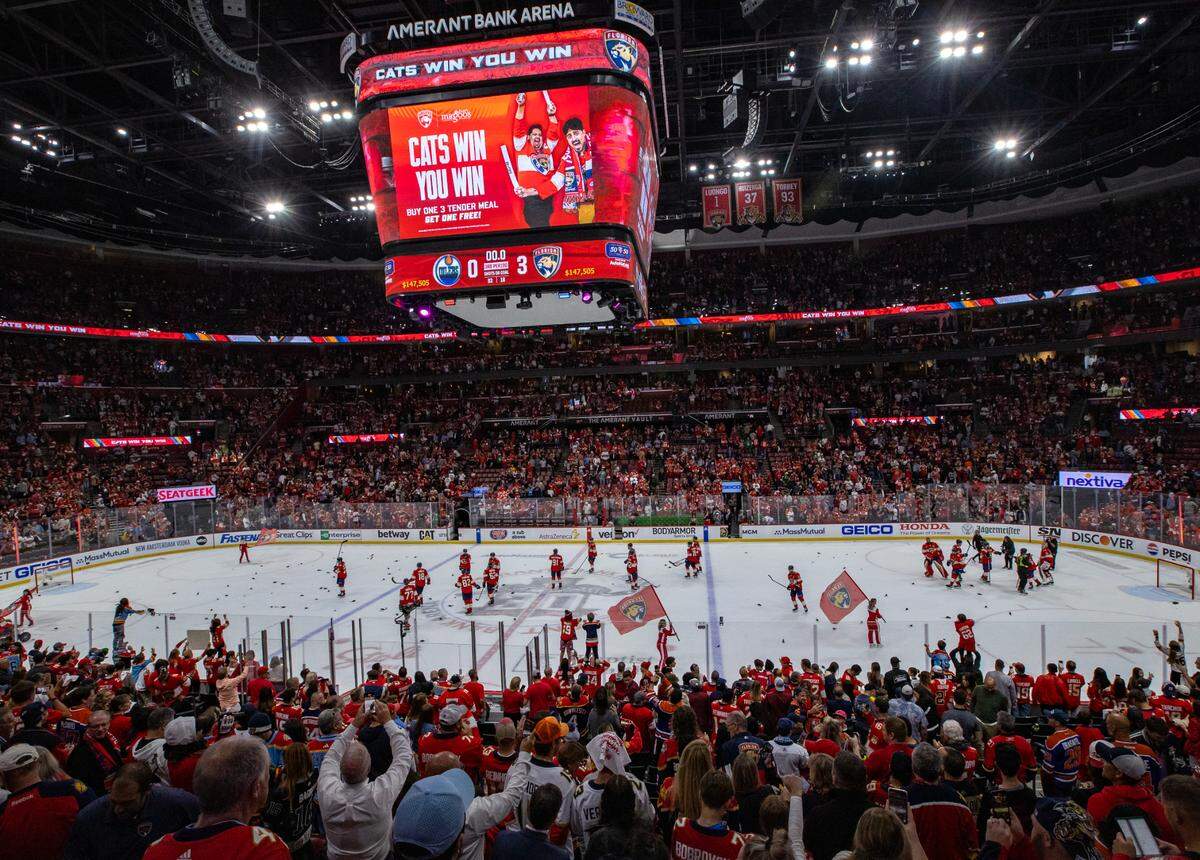 Florida Panthers players celebrates their 3-0 over the Edmonton Oilers during Game 1 of the NHL Stanley Cup Final at the Amerant Bank Arena on Saturday, June 8, 2024, in Sunrise, Fla.